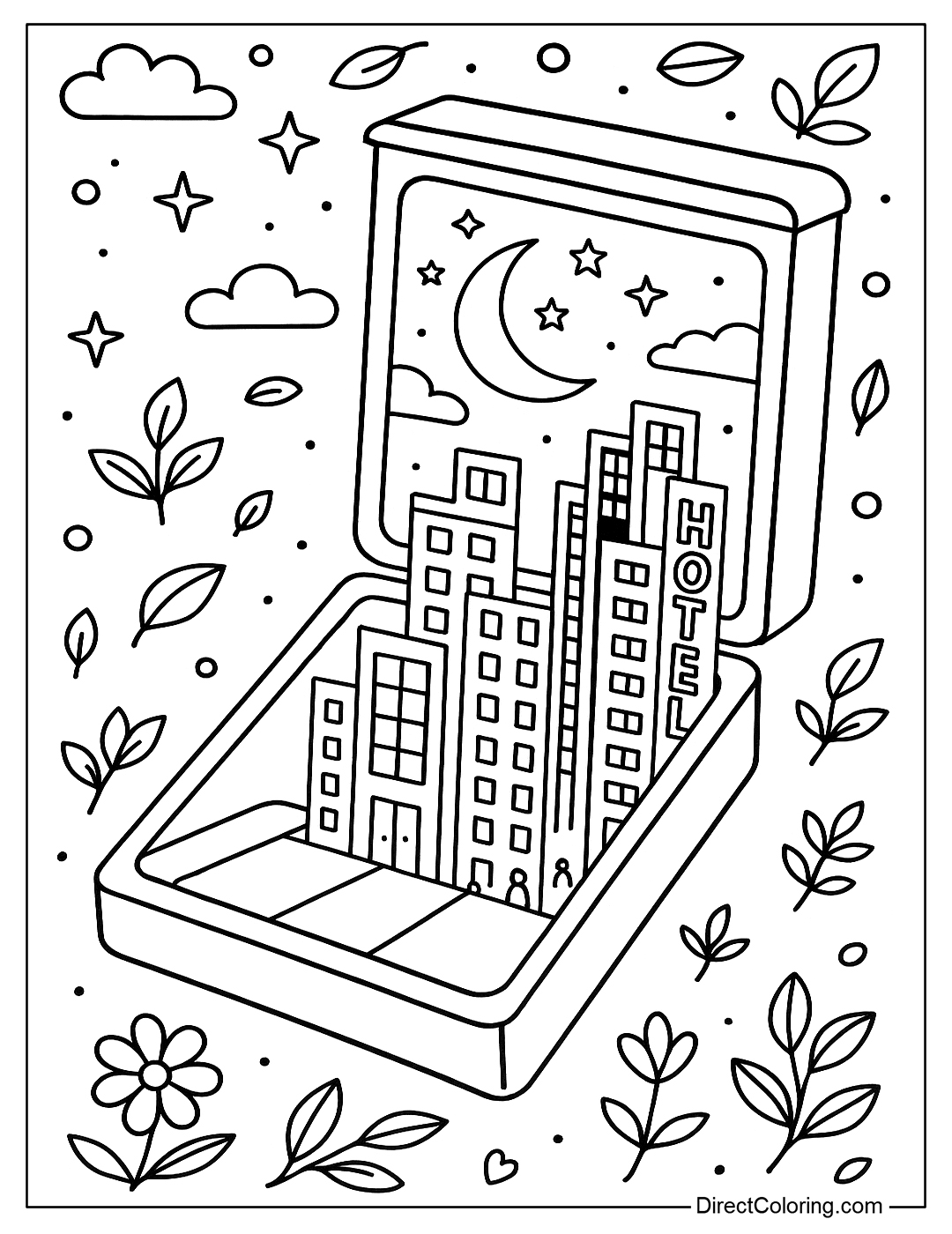 a building compact coloring page that opens to a night city with neon lights, stars, and tiny people