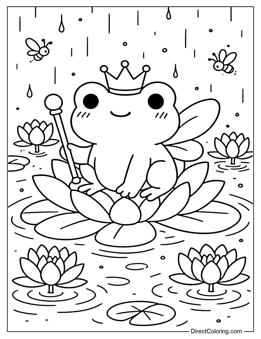 A coloring page of a little frog with fairy wings, sitting on a large lotus in the middle of a lake, wearing a crown and holding a scepter.