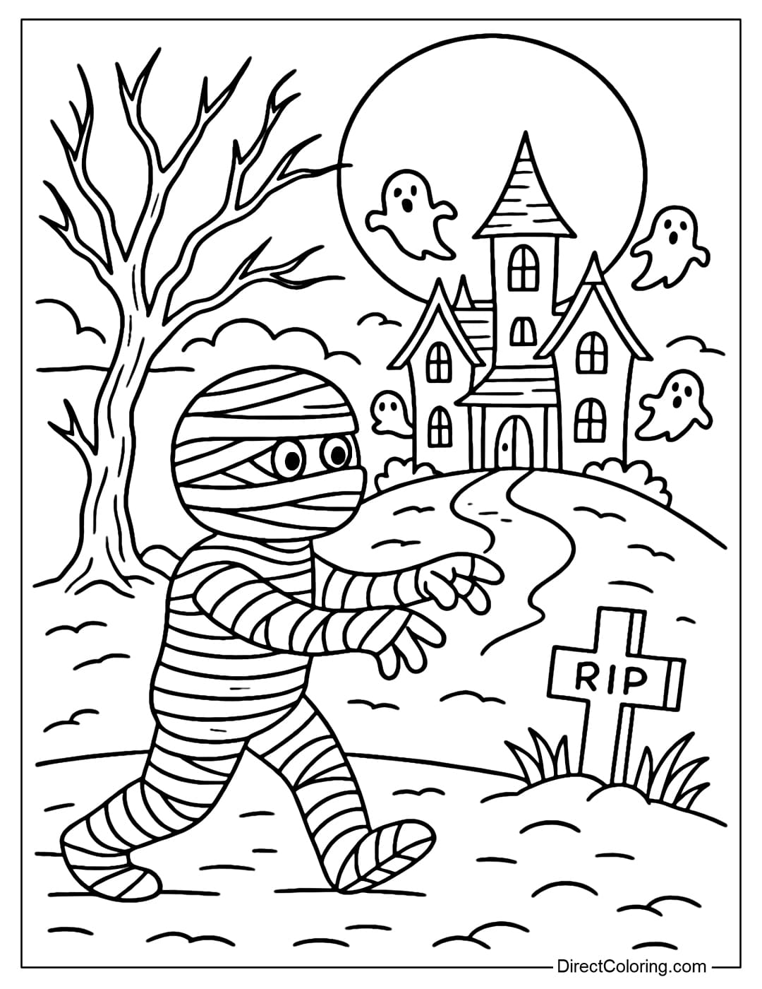 A mummy coloring page walking through a haunted house on a hill, with dead trees, tombstones and a full moon, some little ghosts.