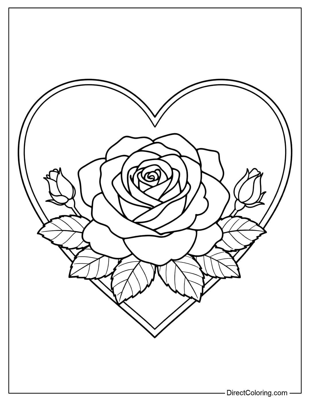 A coloring page of a large heart-shaped frame with a single blooming rose inside.