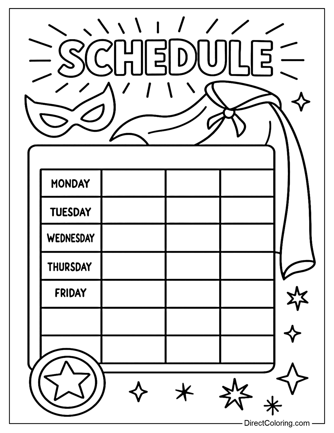 A superhero schedule coloring page with cape and power mask.
