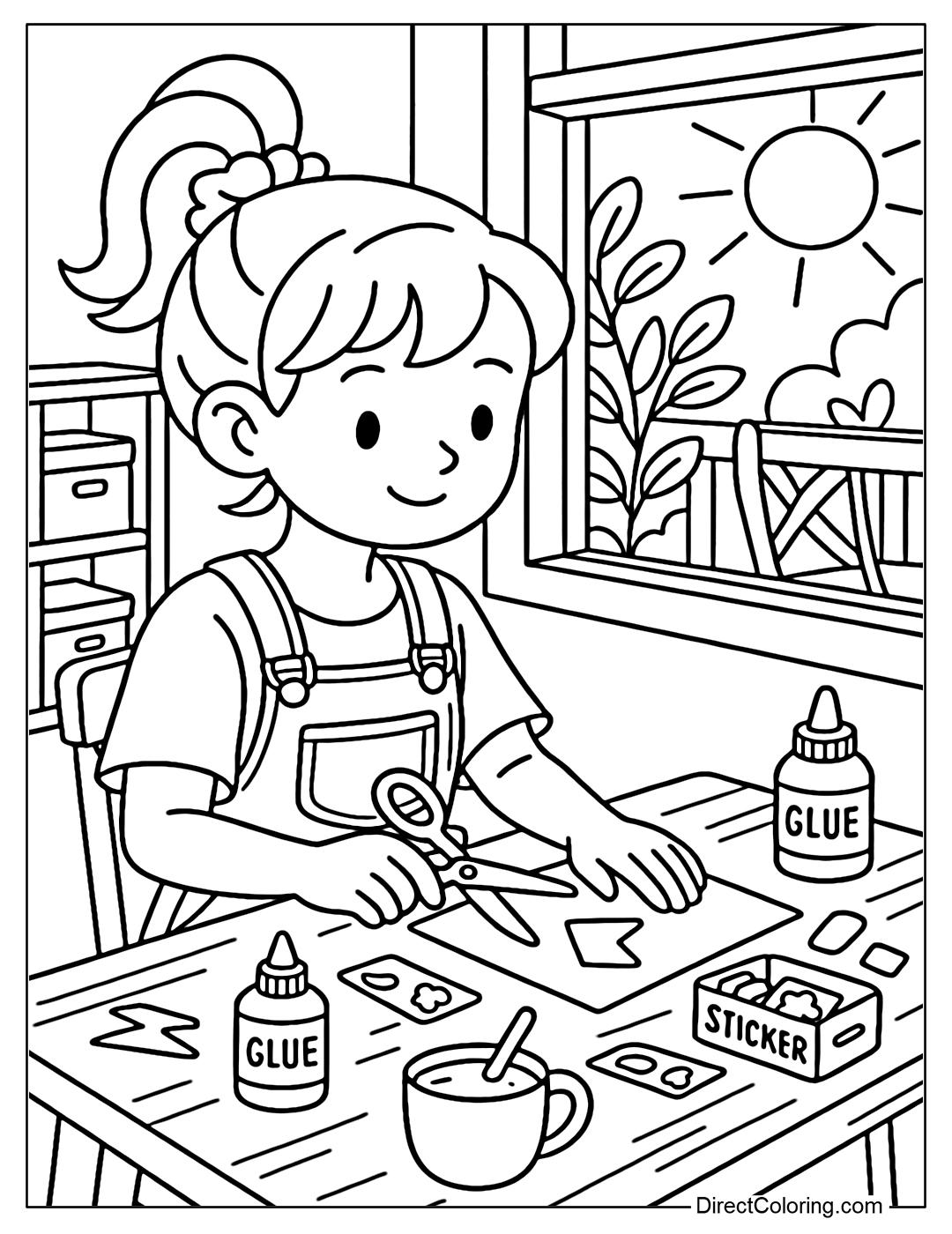 A girl sitting on a chair next to a craft table near a window. The table has scissors, colored paper, glue, a sticker box, behind is a wooden shelf with a storage box.