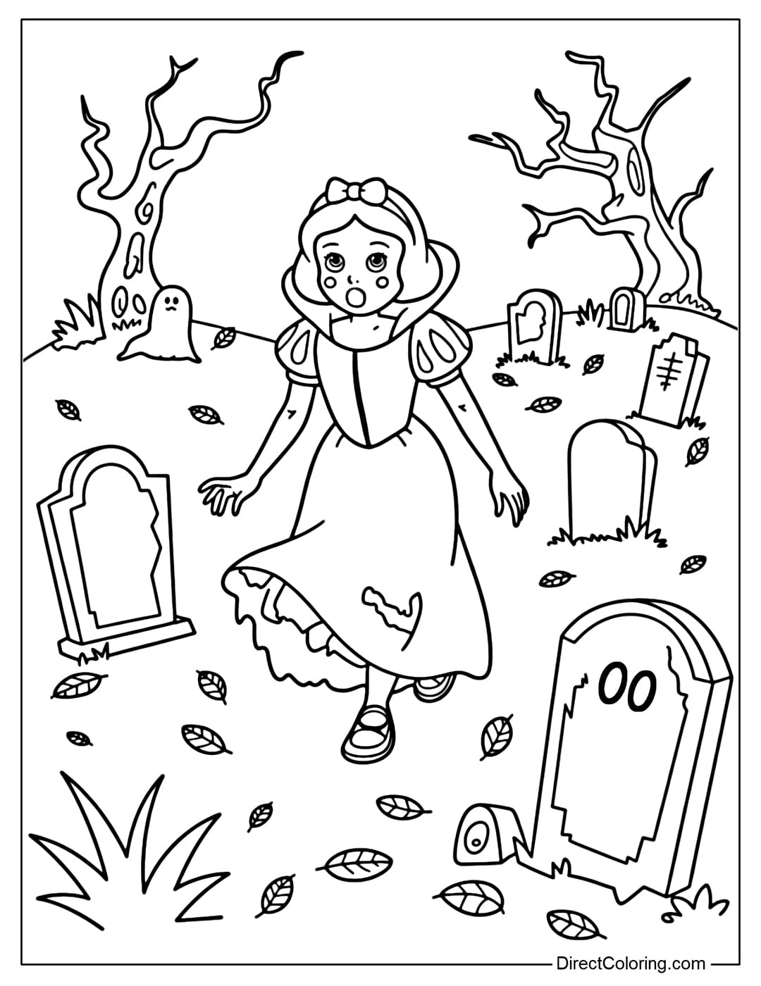 Snow White coloring page wearing a slightly torn dress, cute zombie figure, walking between small tombstones and falling leaves.