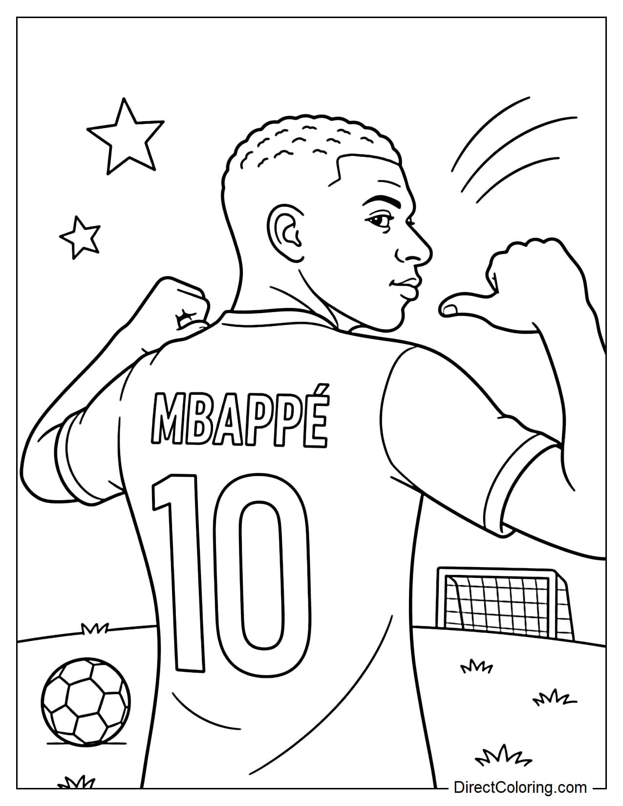 Kylian Mbappé, seen from behind, half-body, wearing a football jersey with the word 