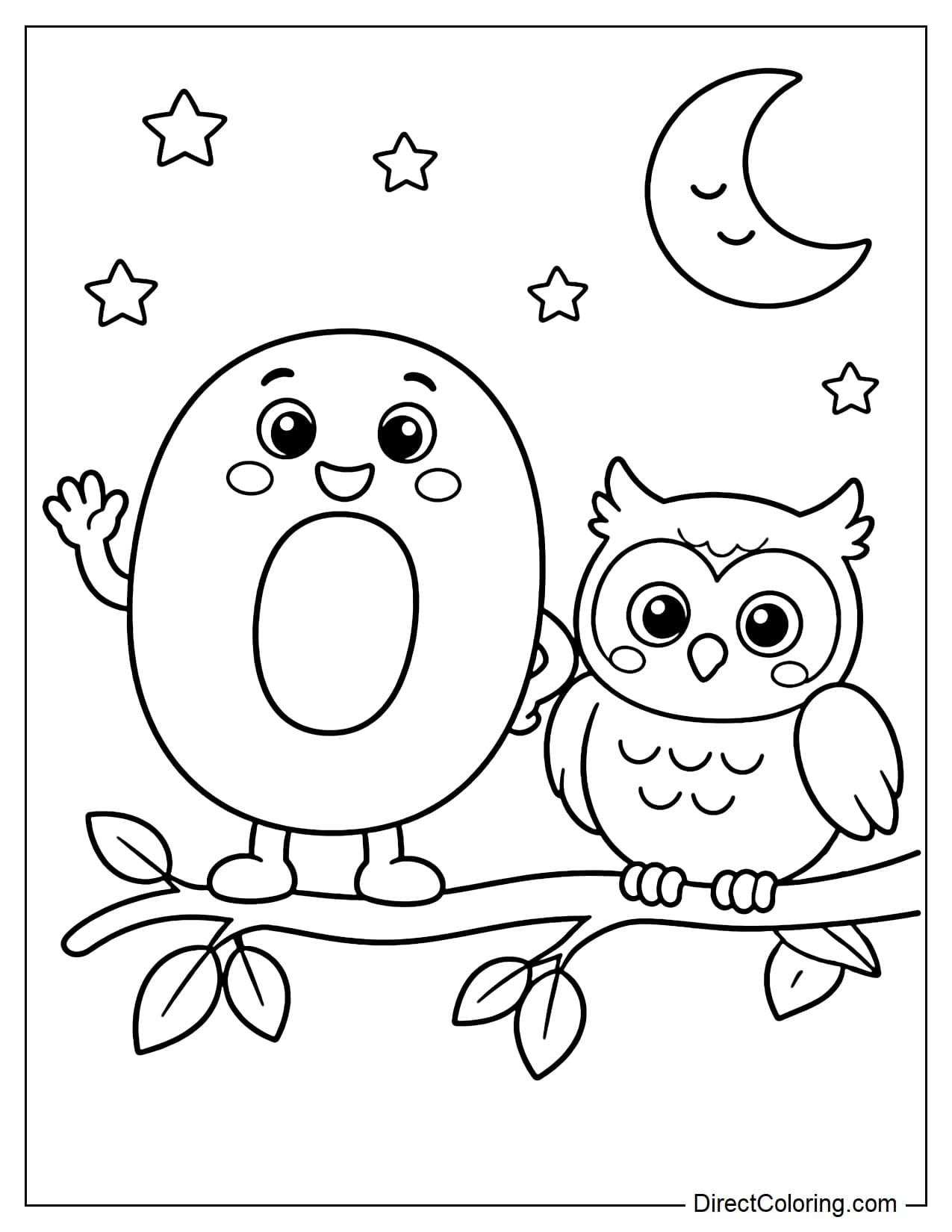The cheerful letter O is standing next to a cute owl perched on a branch, surrounded by some stars and the moon.