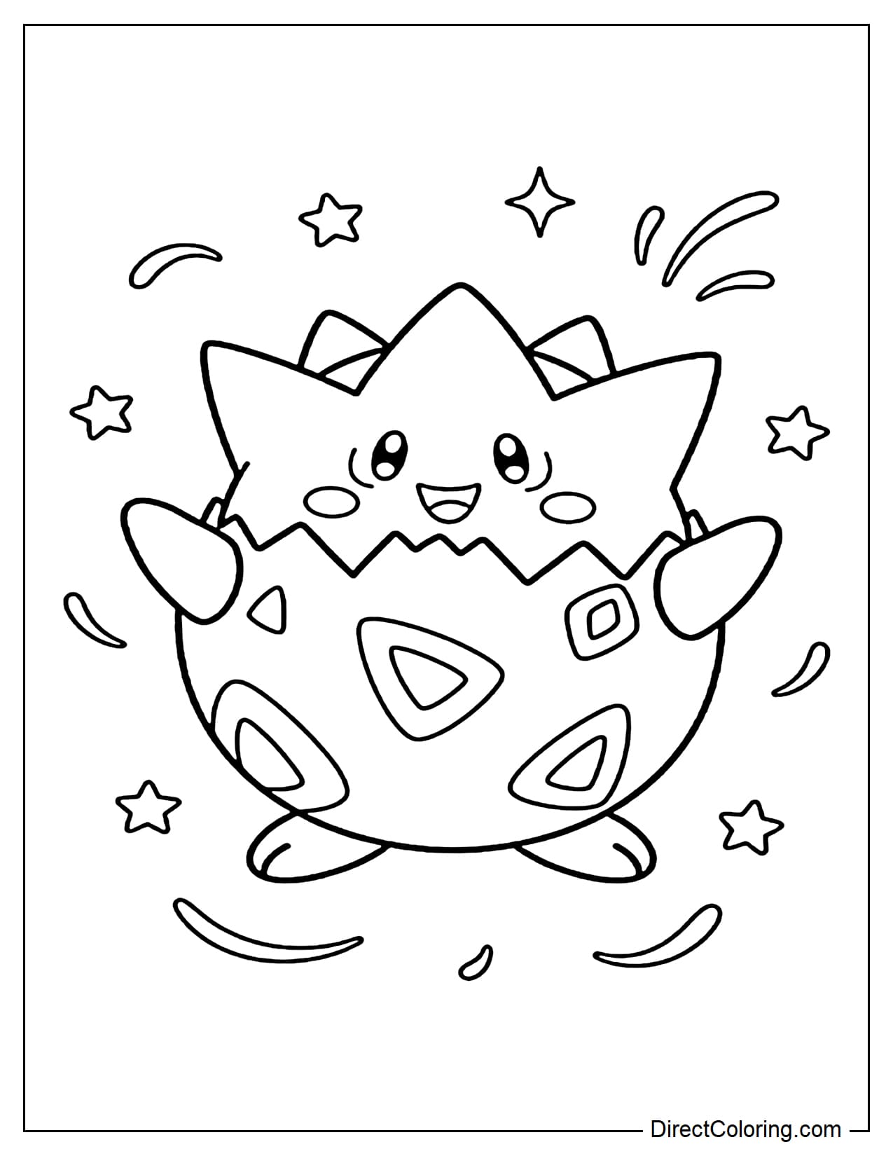 Togepi is cheerful, with arms outstretched and a radiant face, surrounded by stars and curves.