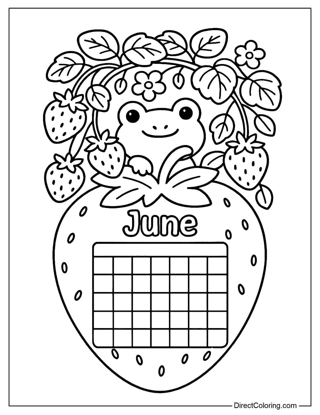 June calendar coloring page features a strawberry garden with a chibi frog peeking out from among the leaves at the top. Below is a calendar nestled inside a large, plump strawberry.