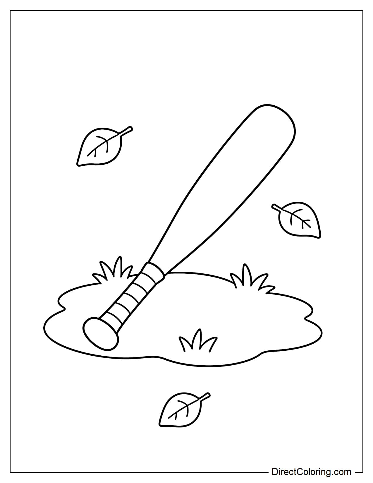 A simple baseball bat lies on the grass with small leaves around it.