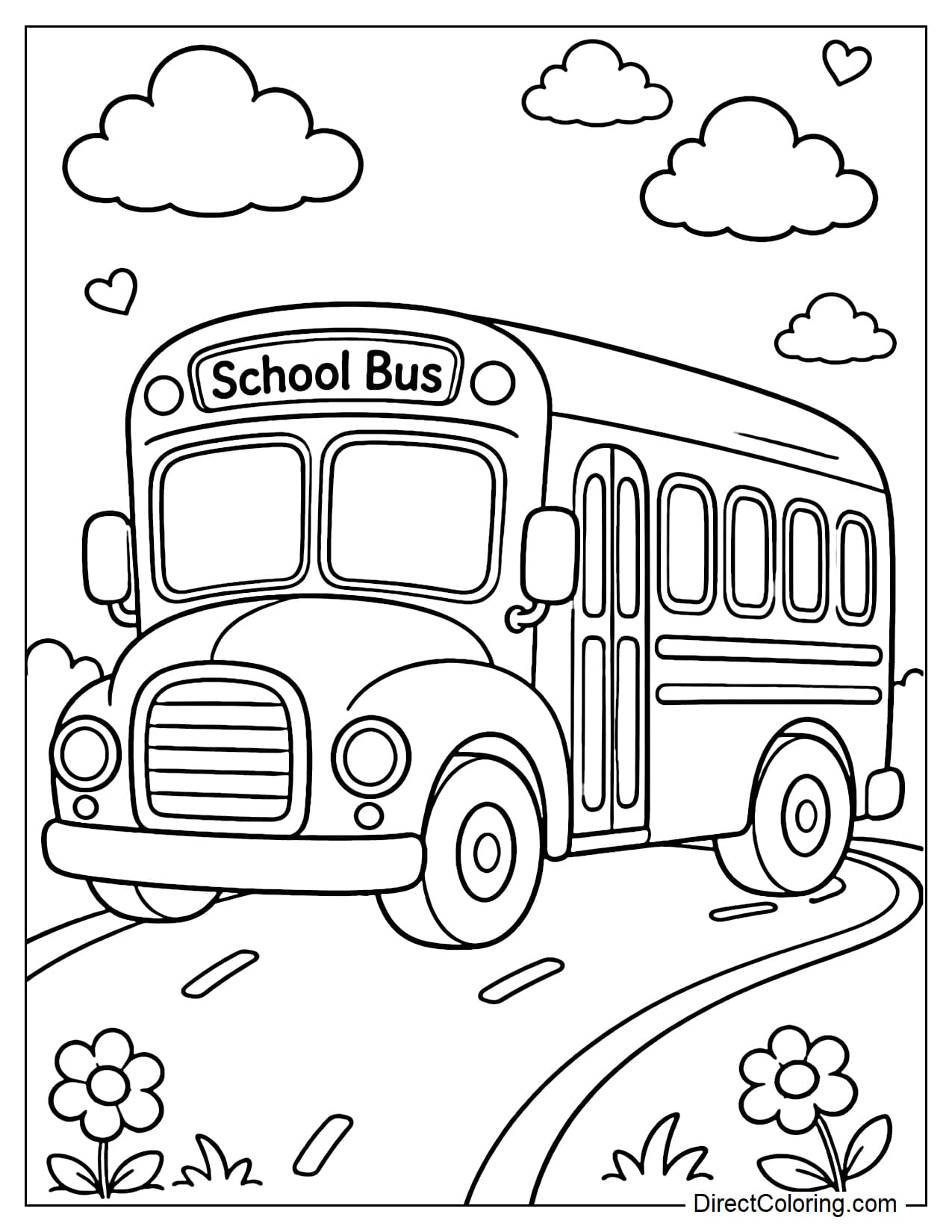 A classic cartoon-style school bus, with a round body, cute big wheels, the word 