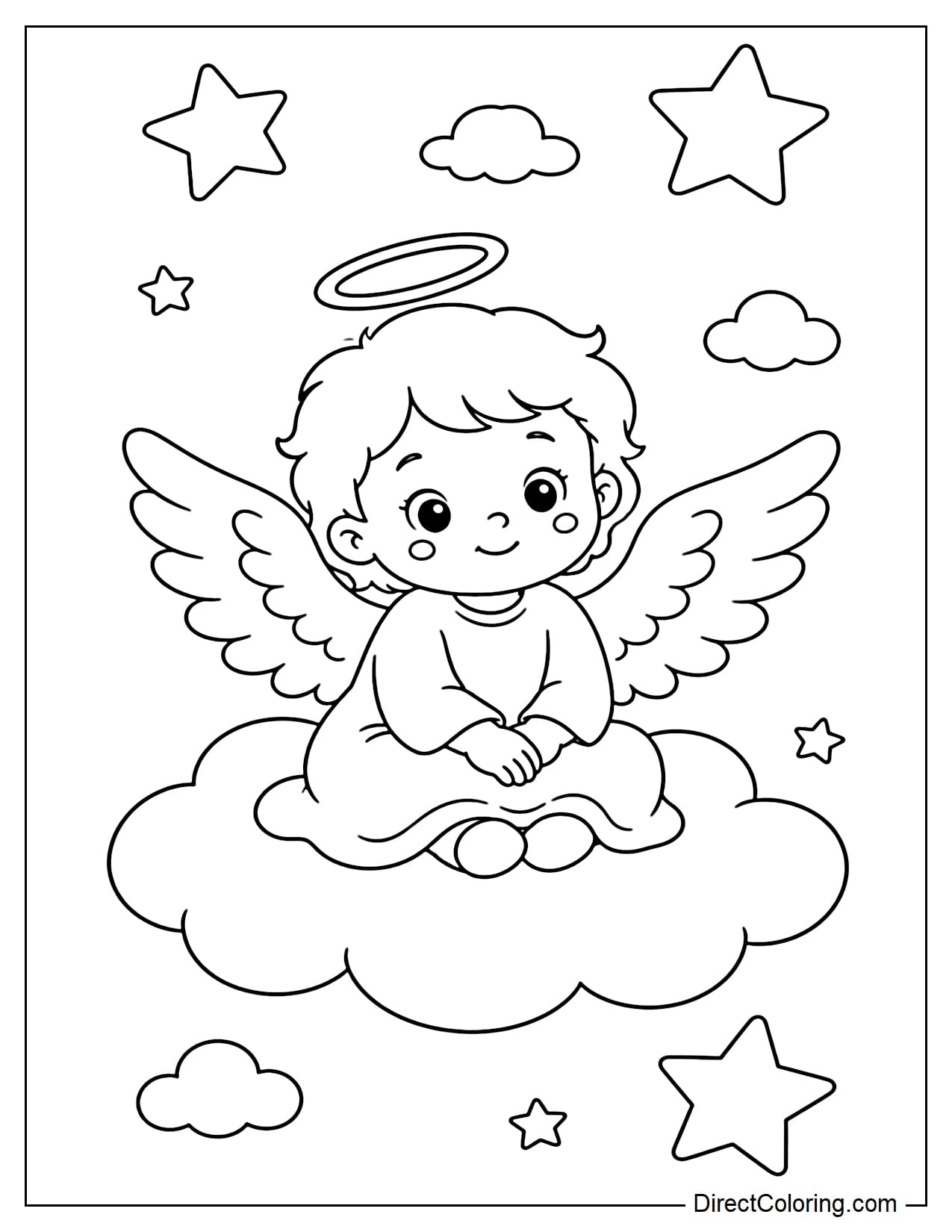 A little angel sits on a fluffy cloud, smiling gently. Large stars and small clouds surround the figure.