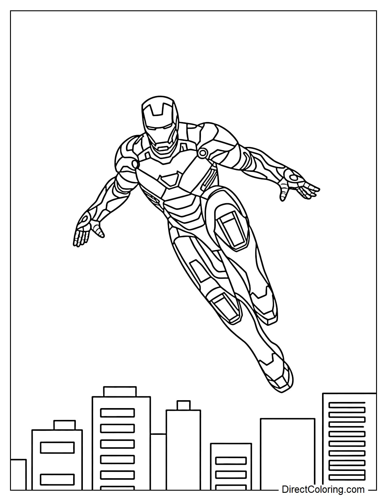 Iron Man hovers above a few simple rectangular buildings.