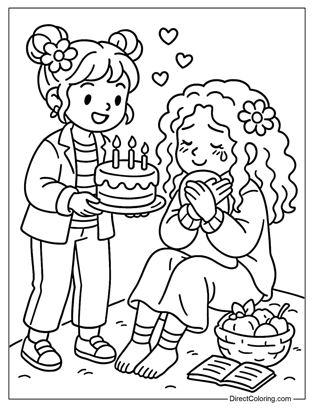 Coloring page of a girl bringing a surprise cake, the other hugging a pillow emotionally.