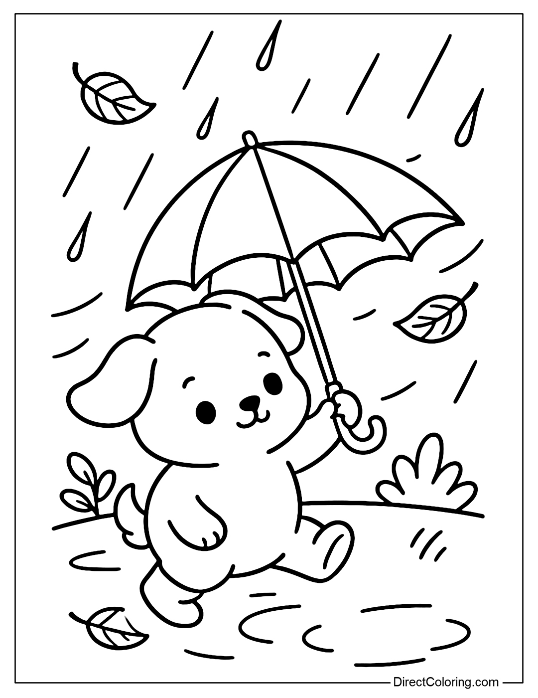 Coloring page of a puppy playing with an umbrella that is tilted by the wind, light rain falling, with a few leaves flying.