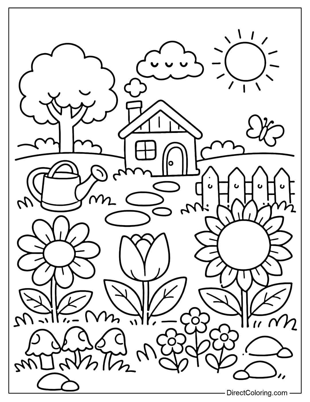 Coloring page of a small garden welcoming May with a few large flowers and simple plants.