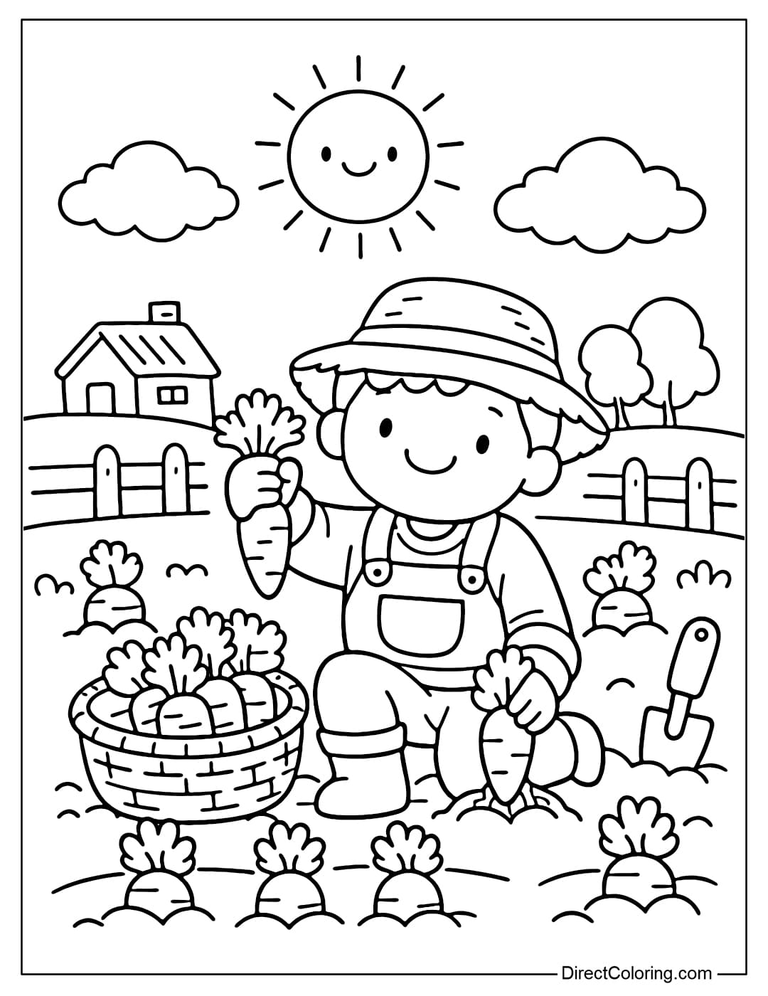 A farmer harvesting carrots in the garden.