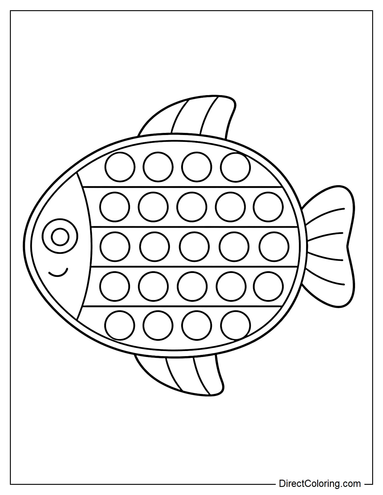 A fish-shaped pop-it with an oval body and simple fins, with round bubbles evenly distributed throughout the body.