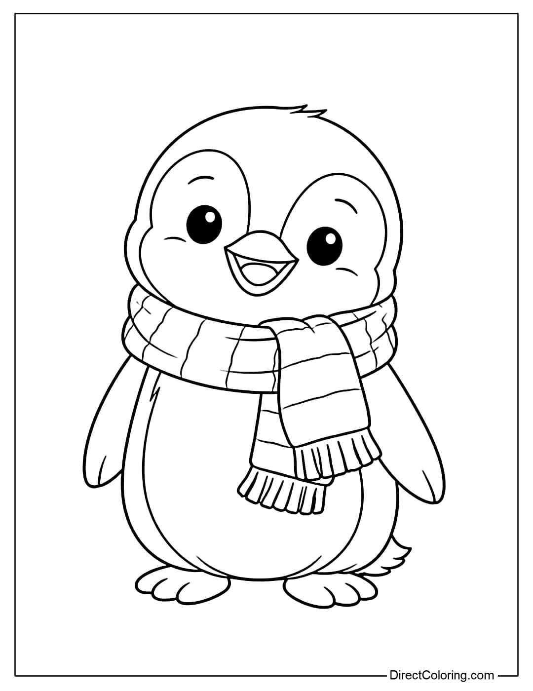A coloring page of a penguin wearing a scarf, with a warm smile.