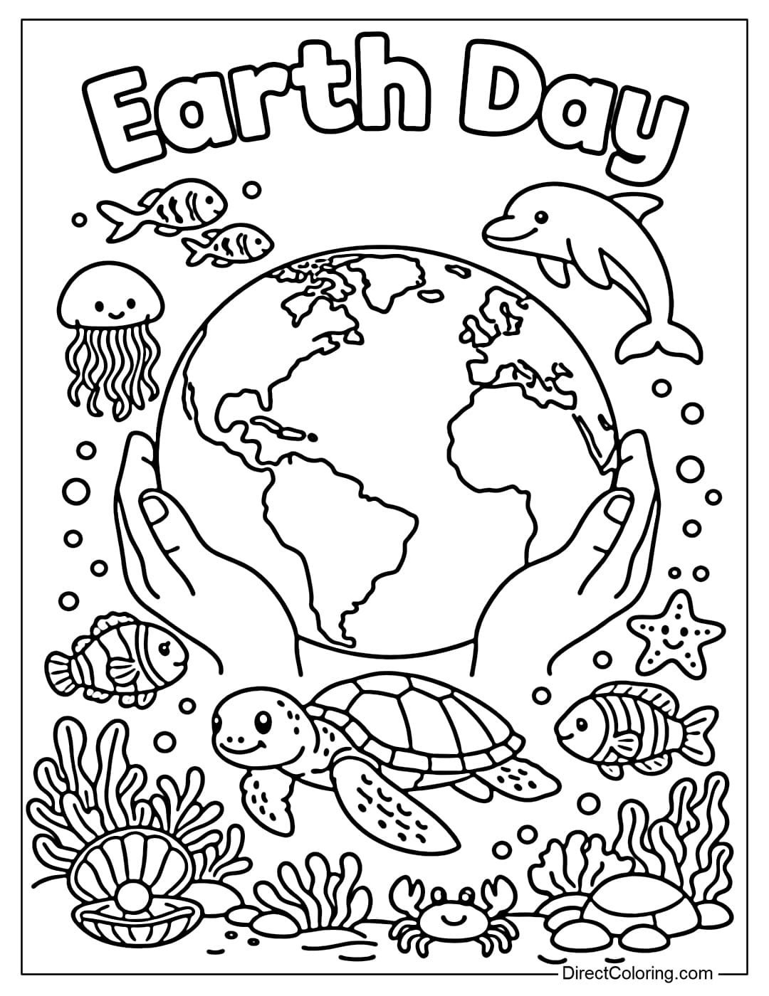 A coloring page of a large Earth with the words 