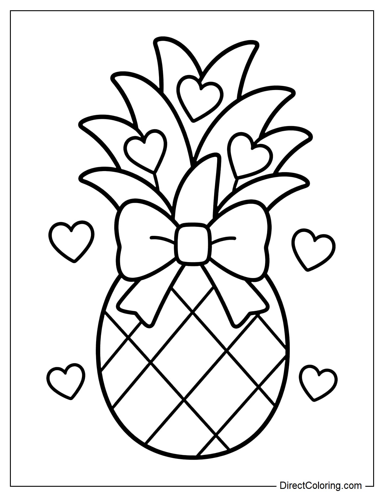 A cute pineapple with a large, pretty bow on top, the upper leaves decorated like a bouquet with many small hearts interspersed like flowers.