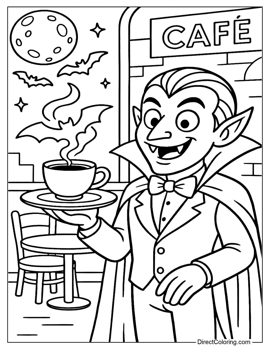 Vampire Cafe Scene Coloring Page A coloring page of a vampire serving customers in a night cafe, with a cup of steaming coffee in the shape of a bat.
