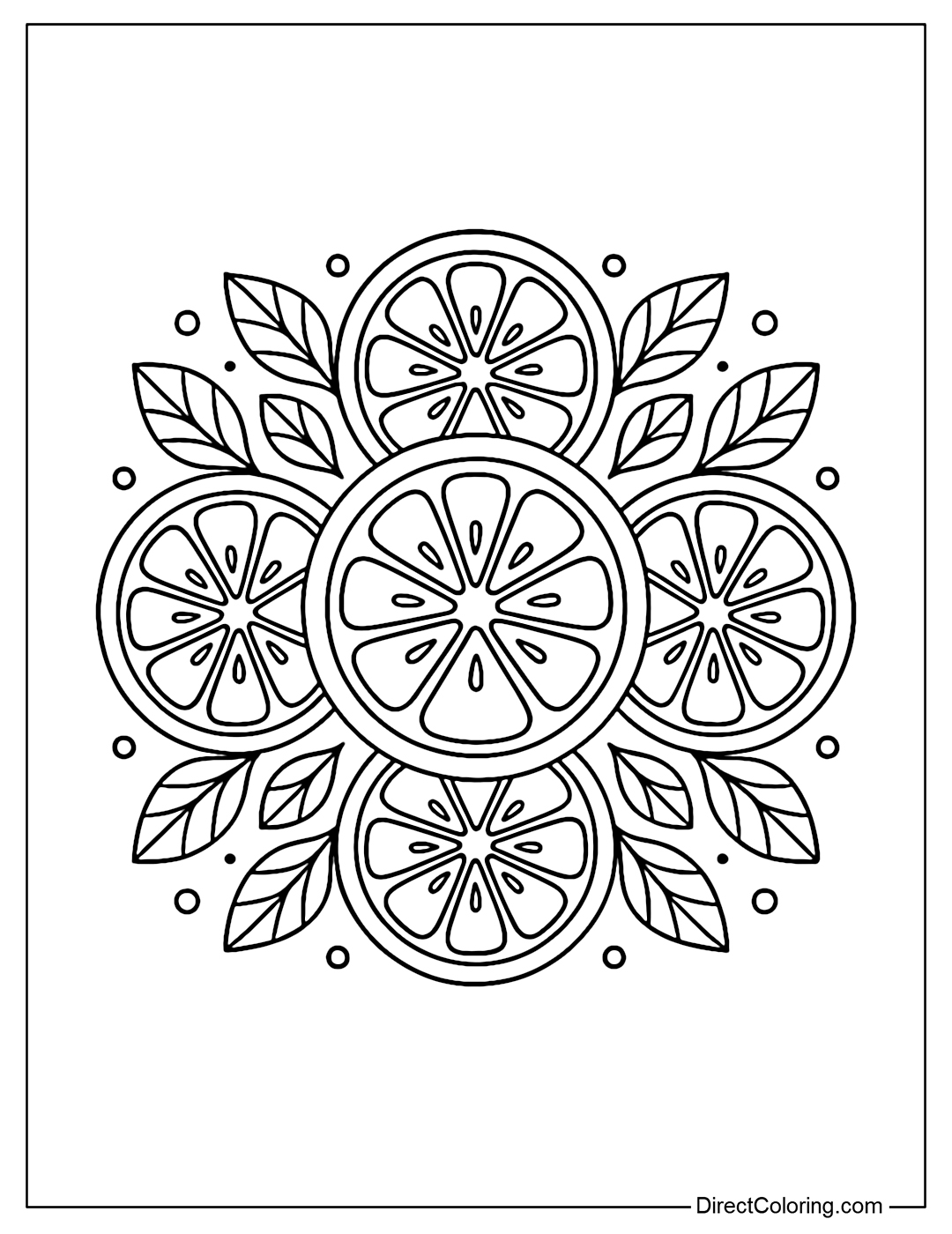 Coloring page of flower patterns and lemon slices alternating in a gentle symmetrical circle.