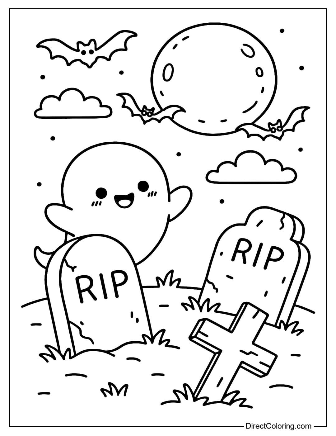 A cemetery coloring page under the full moon, a few crooked tombstones, a small ghost flying out from behind the tombstone,.