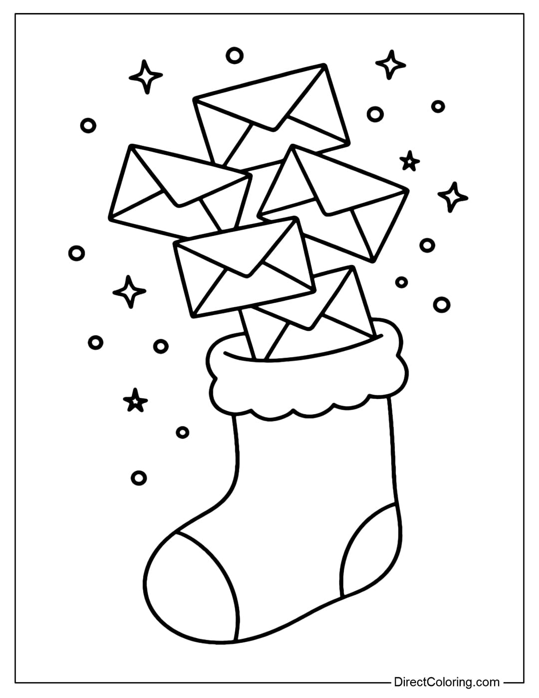 Winter Wishes Stocking Coloring Page Coloring Page A stocking containing wish envelopes, flying out with snow and stars, carrying Christmas dreams far away.
