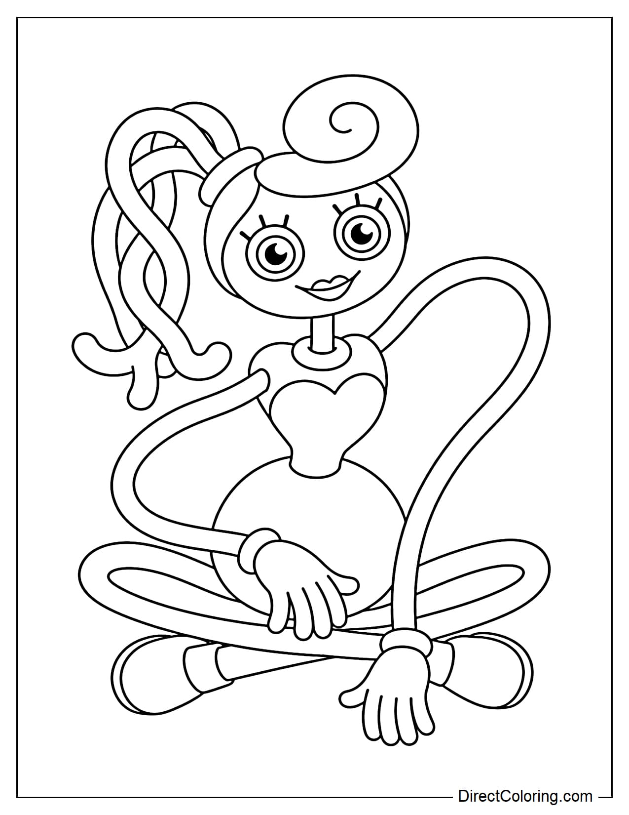 Mommy Long Legs from Poppy Playtime sits alone, her long arms curved in a soft curve around her body, with a friendly expression.