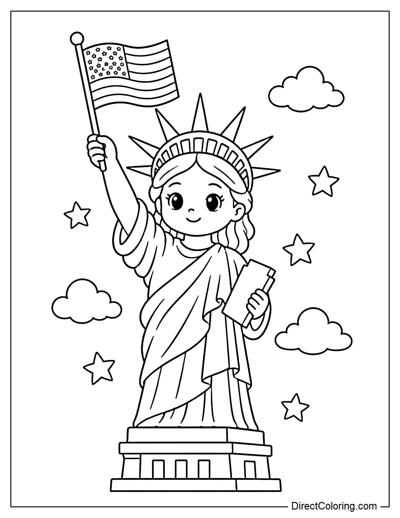 The Statue of Liberty is holding a small American flag, with a few stars and clouds below.