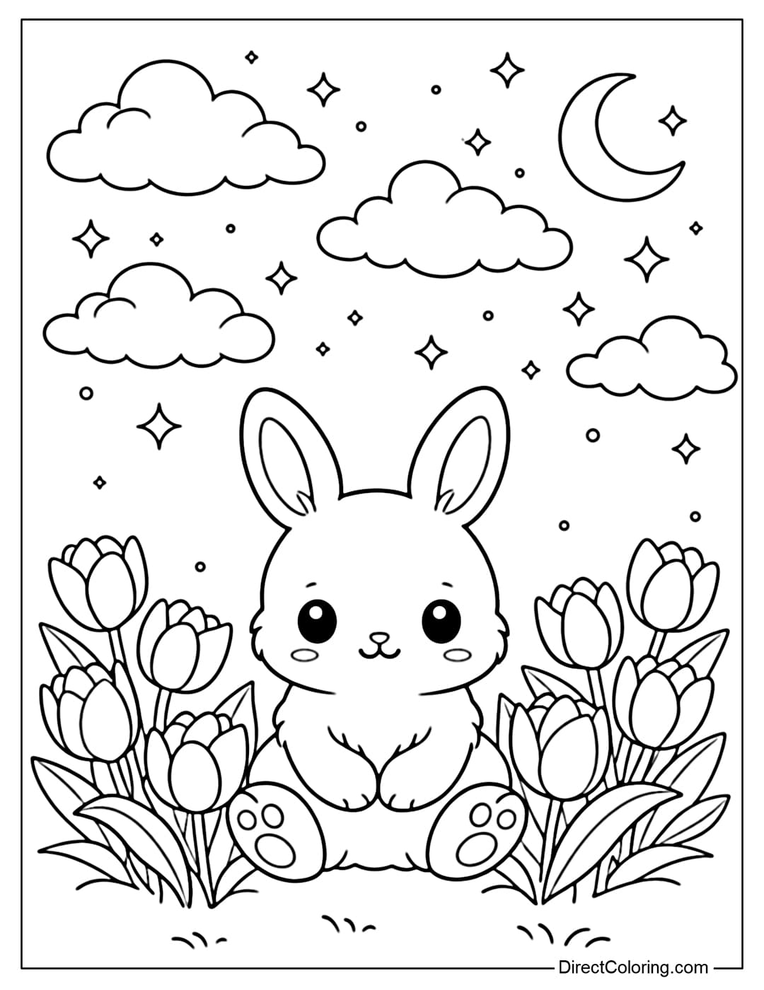 A coloring page of a little bunny sitting among tulips under a dreamy sky with sparkling clouds and stars.