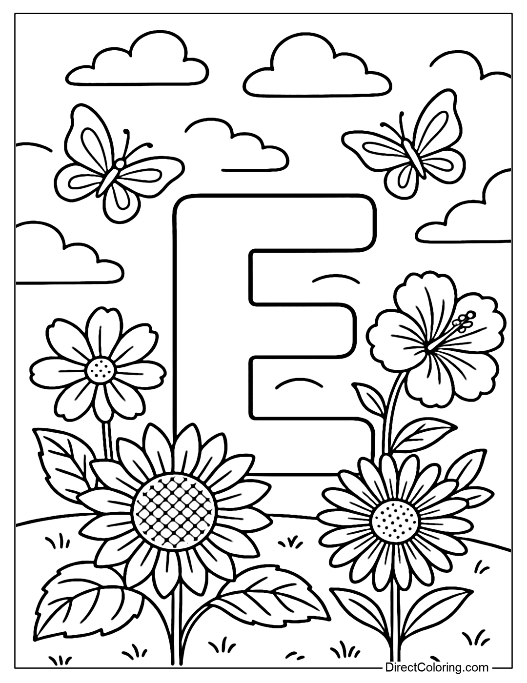 The letter E coloring page is set in a small summer garden with flowers such as sunflowers, hibiscus, and daisies. The background is a blue sky with a few light clouds and butterflies flying around.