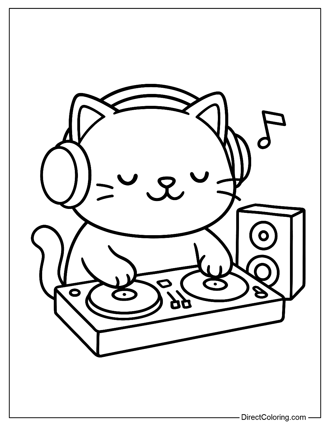 Coloring Page A DJ Cat is wearing headphones, playing music on a small mixer with speakers playing the notes.
