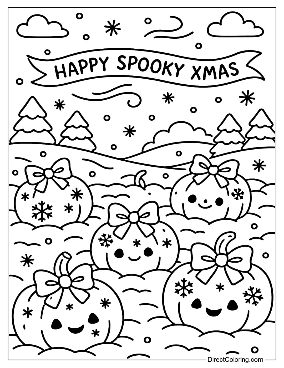 A snowy pumpkin field coloring page, each pumpkin is decorated with a red bow and snowflakes, the cold wind blows Happy Spooky Xmas ribbons.