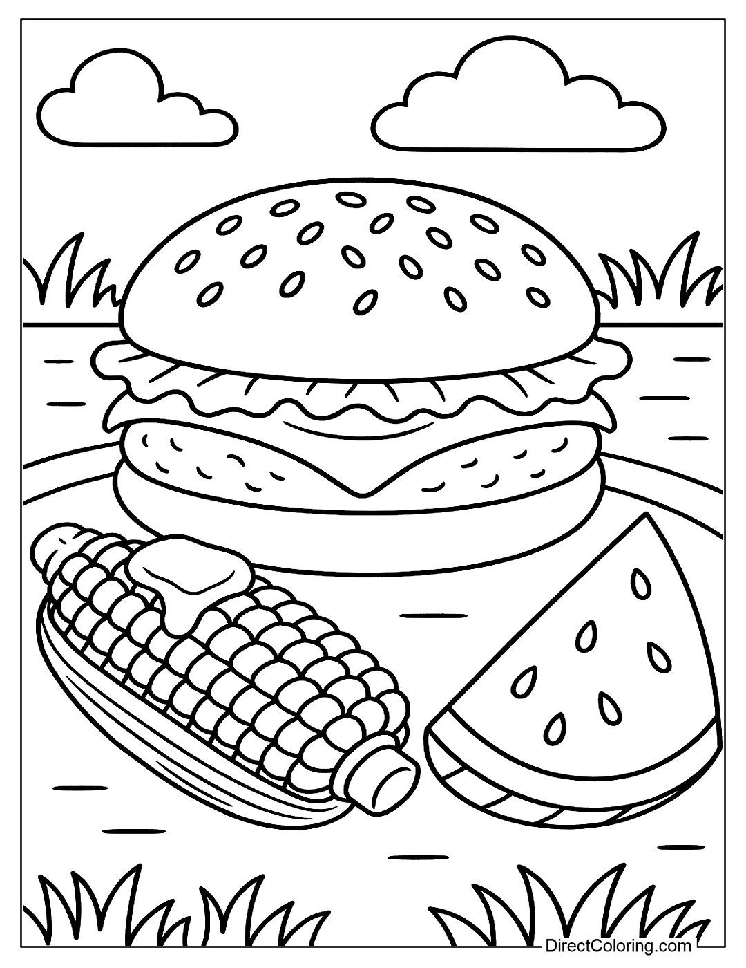 Coloring page of a juicy hamburger with a buttered corn on the cob and a slice of watermelon
