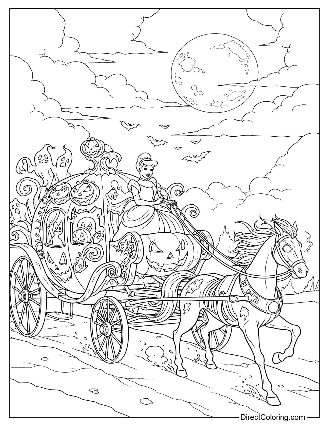Cinderella coloring page sitting on a haunted pumpkin carriage, pulled by a skeleton horse.
