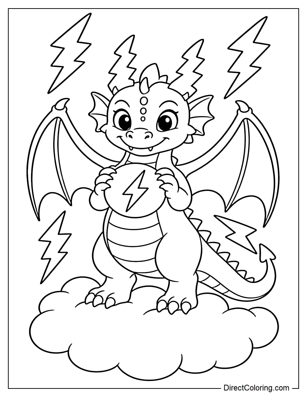A thunder dragon is standing on a large cloud, holding a round lightning orb in front of its chest with its front claws.