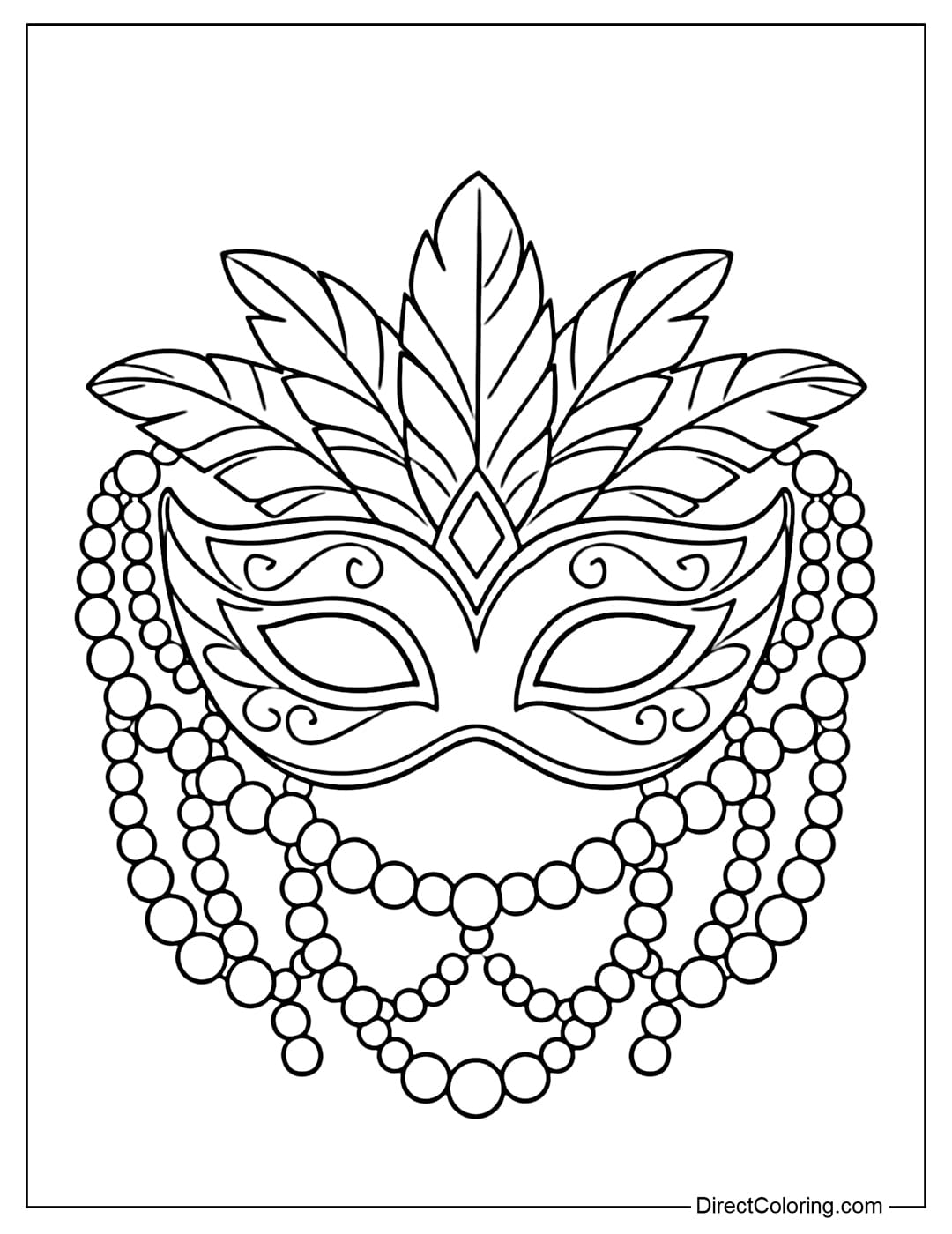 A coloring page featuring a large Mardi Gras mask decorated with feathers and beads.