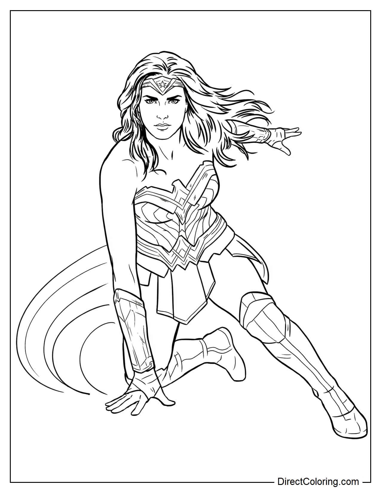 Wonder Woman lands in a heroic pose, with one knee lowered close to the ground, her other leg firmly planted, and one hand touching the ground. Her long hair flows backward.