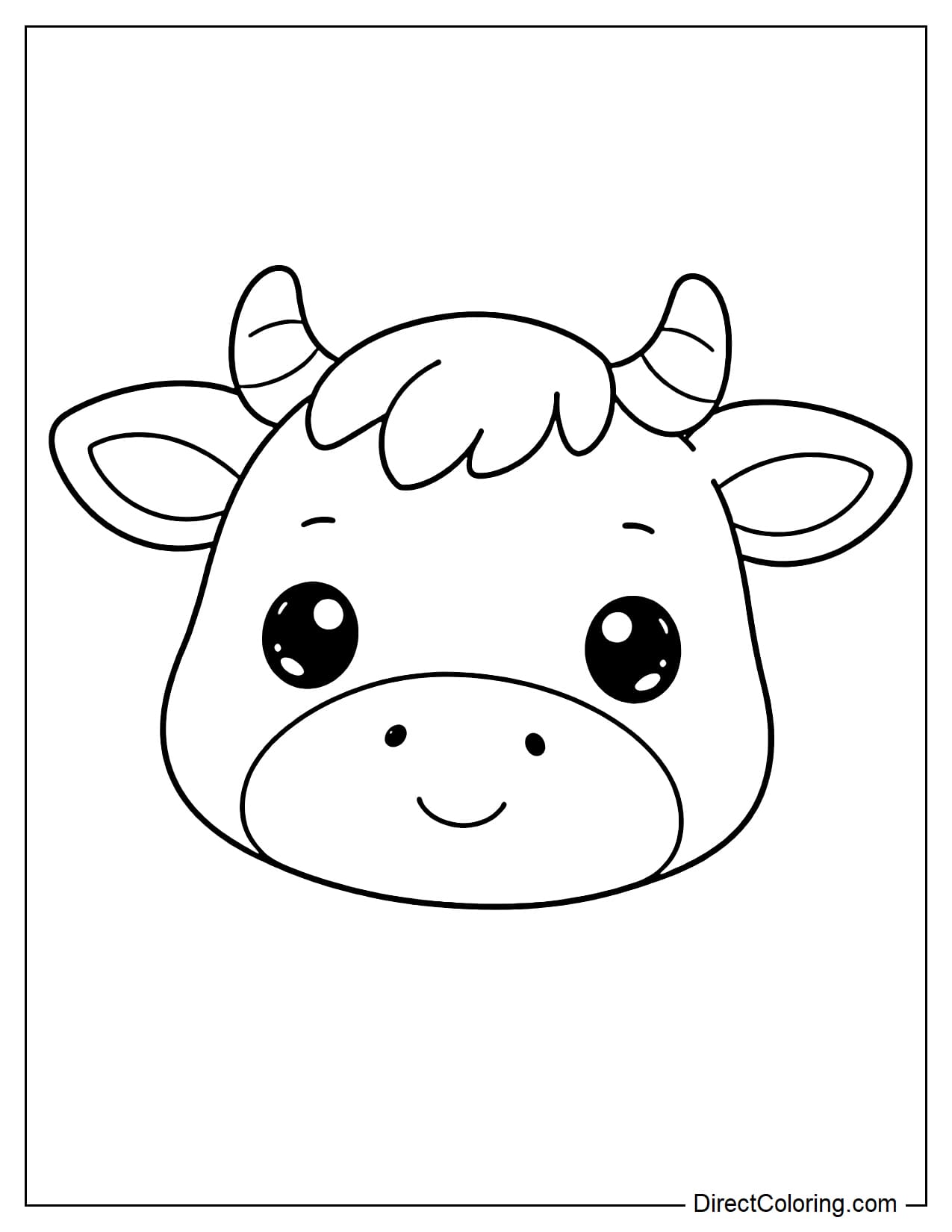 A cow's face with big, round eyes and a cute expression.