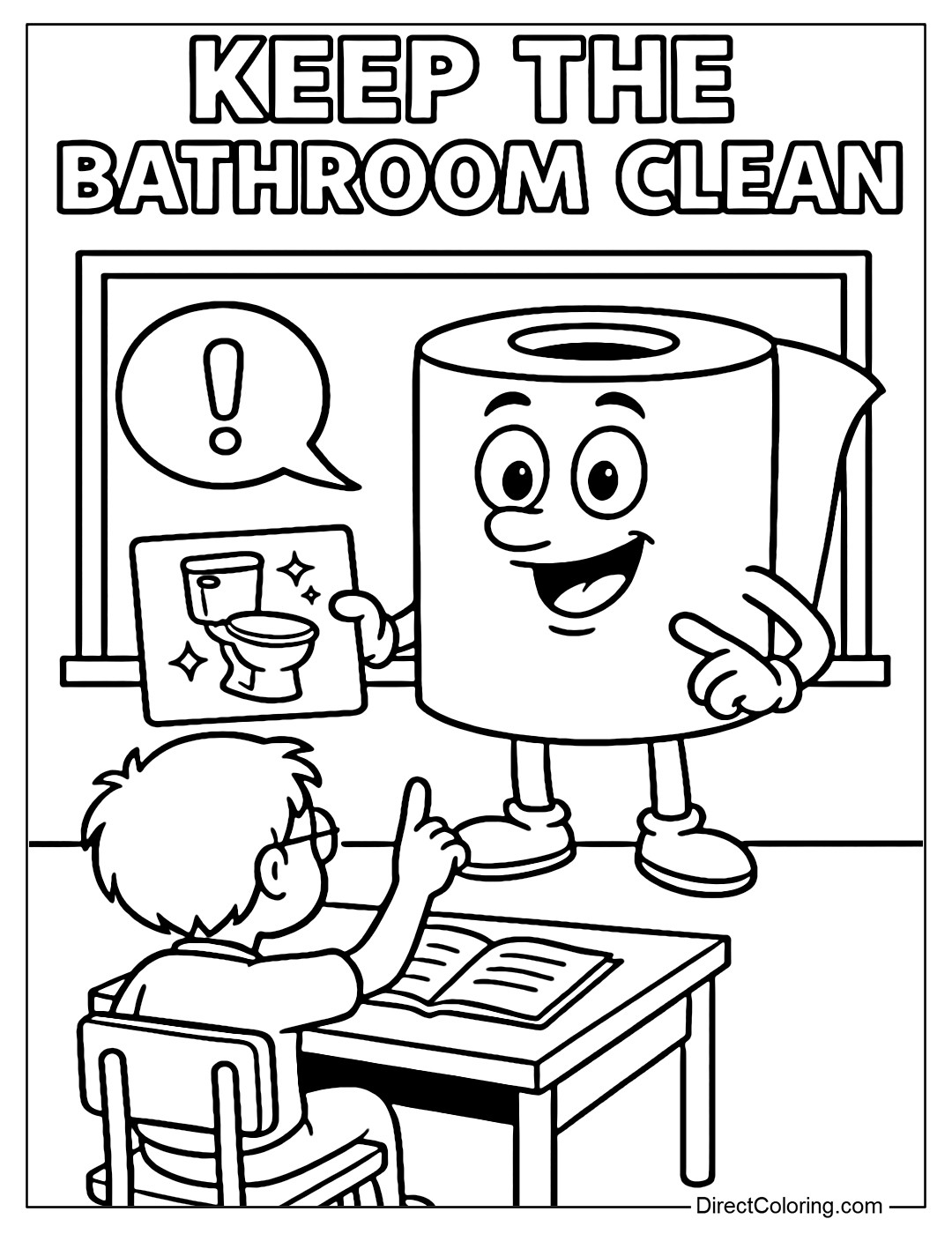 A coloring page of a classroom where the teacher is a talking toilet paper roll, lecturing on 