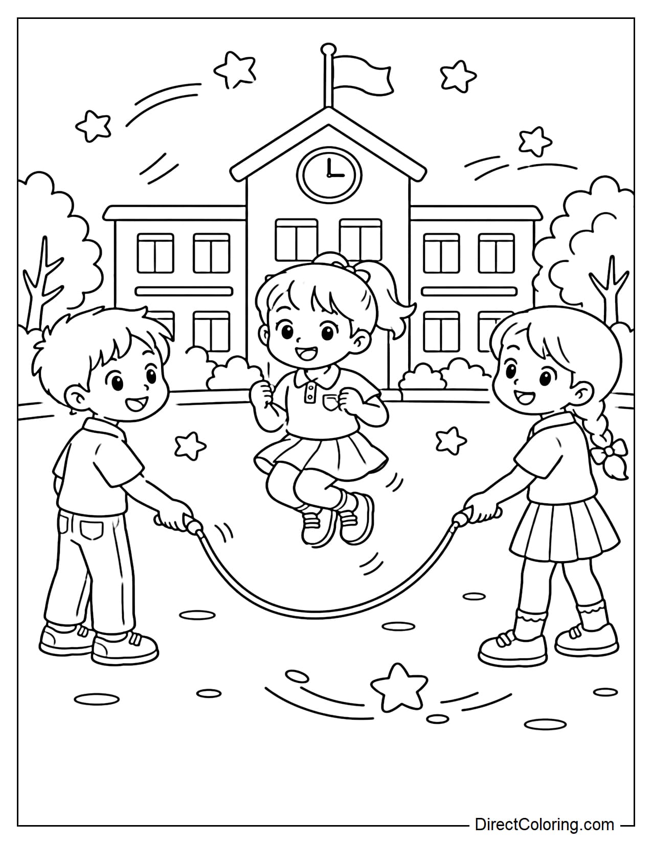 Three students are playing jump rope on the schoolyard, two standing on either side spinning a large curved rope, and one jumping in the middle.