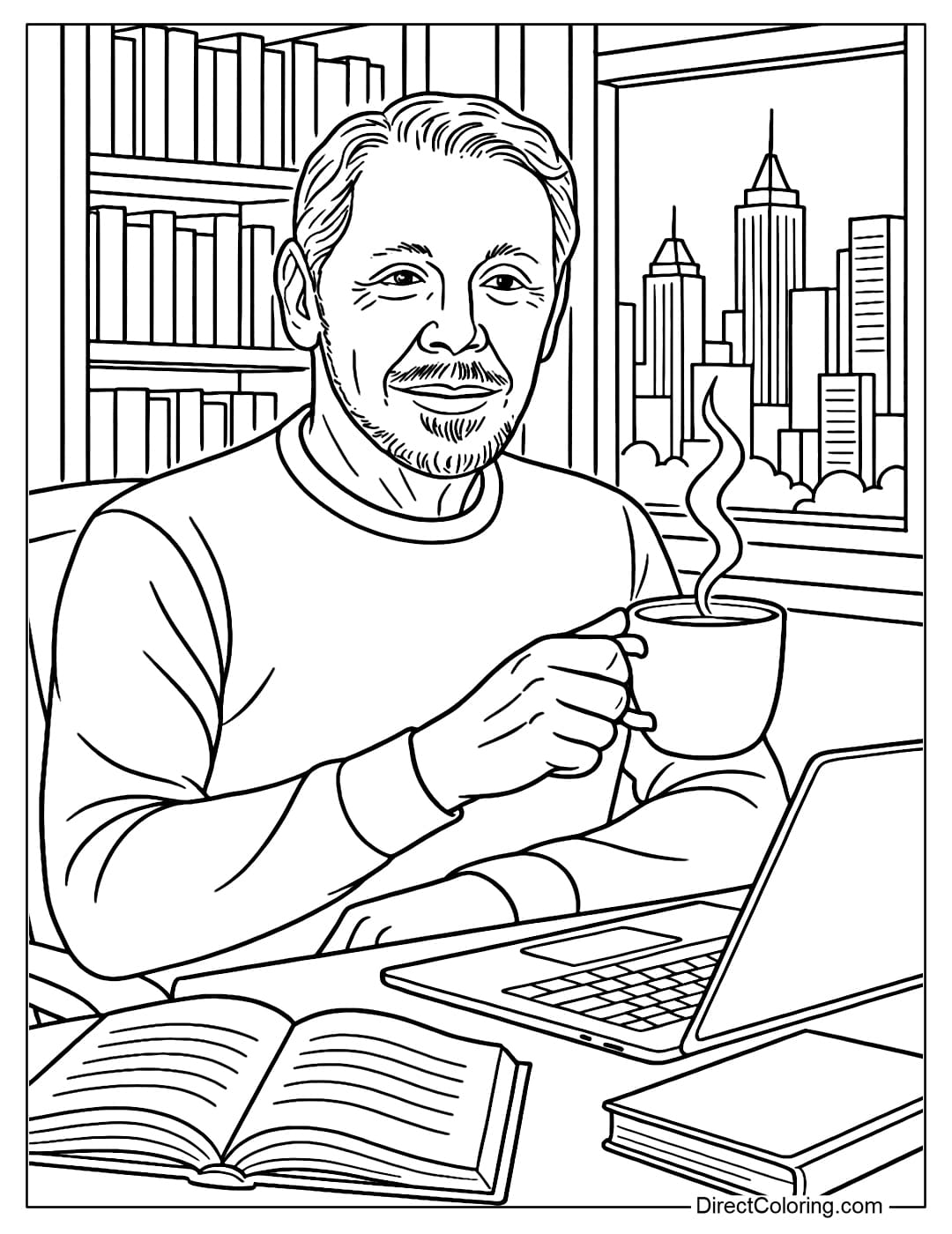 Larry Ellison Relaxing With Coffee Coloring Page Coloring page Larry Ellison sitting in the reading room, holding a cup of coffee.