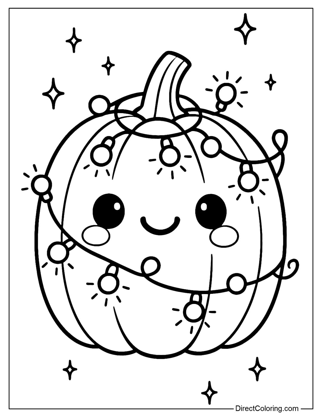 A pumpkin coloring page with many sparkling lights hanging around, creating a lovely sparkling scene.