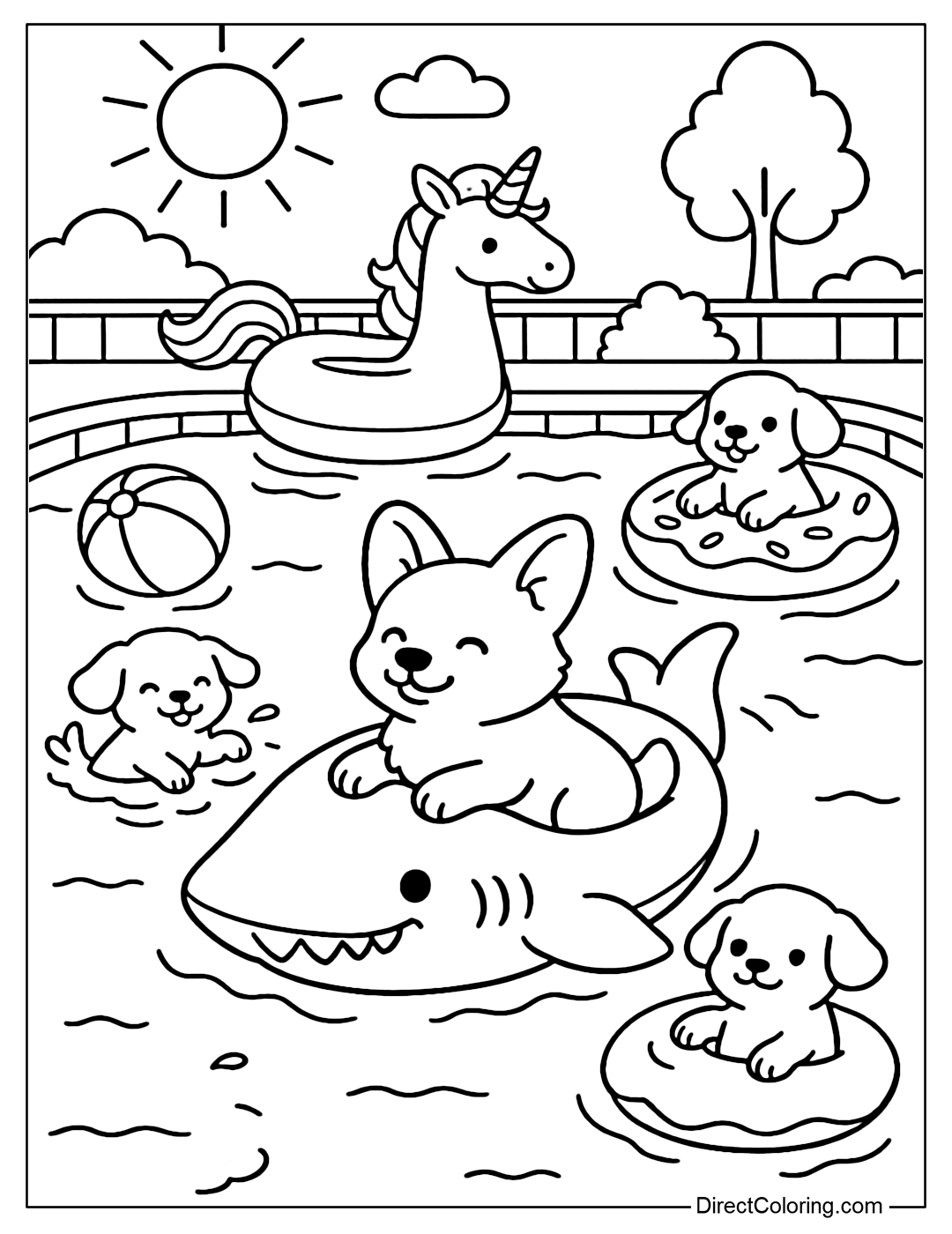 Coloring page of little dogs playing in an outdoor swimming pool, one lying on a shark float.