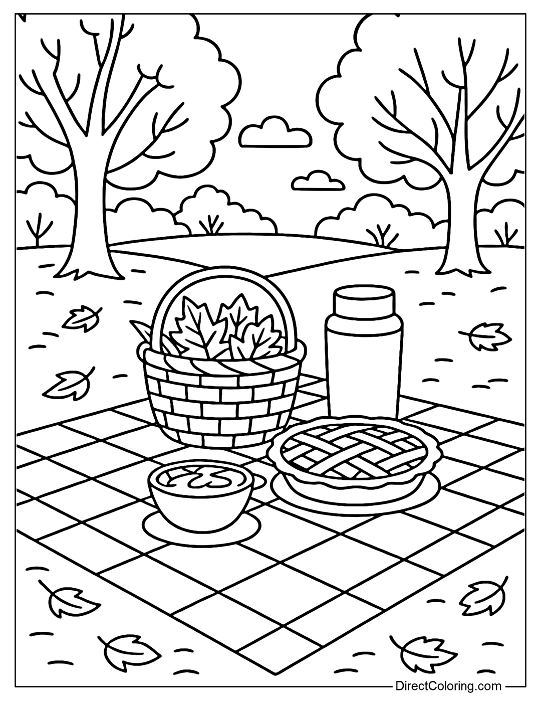 Coloring page of autumn picnic: checkered blanket, food basket, hot cocoa, apple pie, park background.