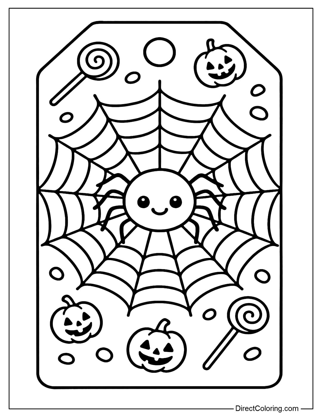 A Halloween candy tag coloring page with a circular spider web surrounding it, with a cute little spider smiling in the middle.
