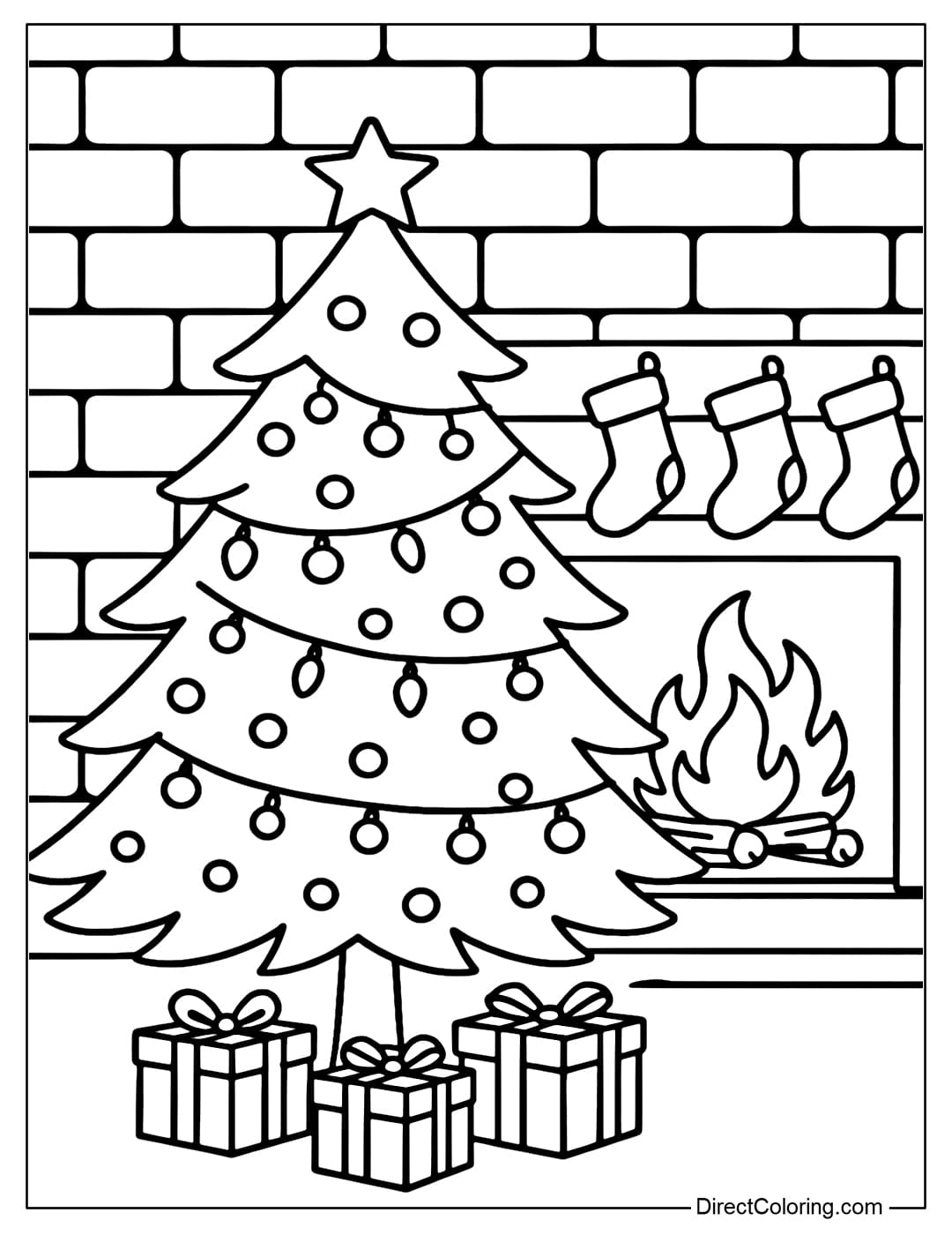 A Christmas tree coloring page placed next to the fireplace in the living room.