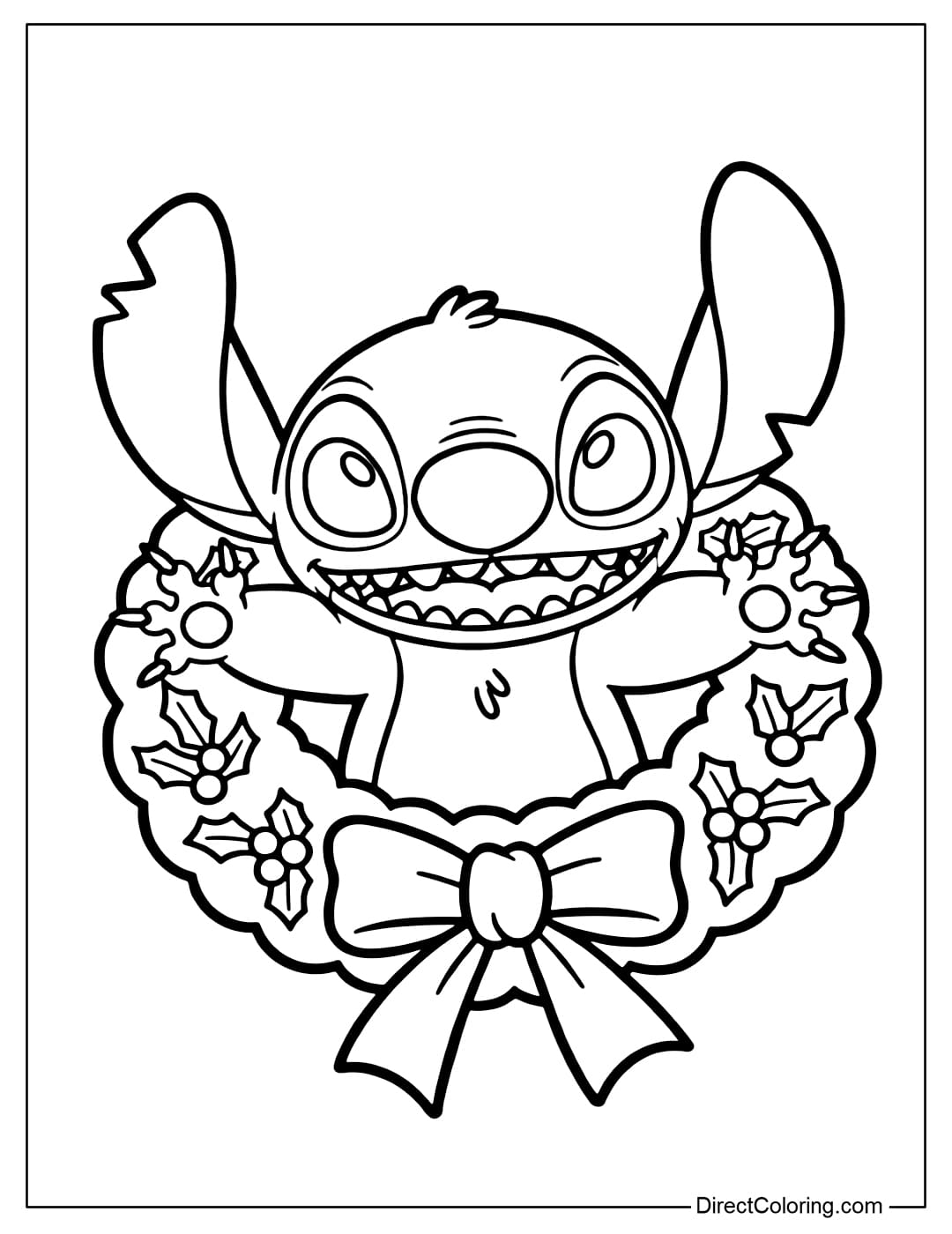 Coloring page Stitch wearing a big Christmas wreath around his neck like a necklace.