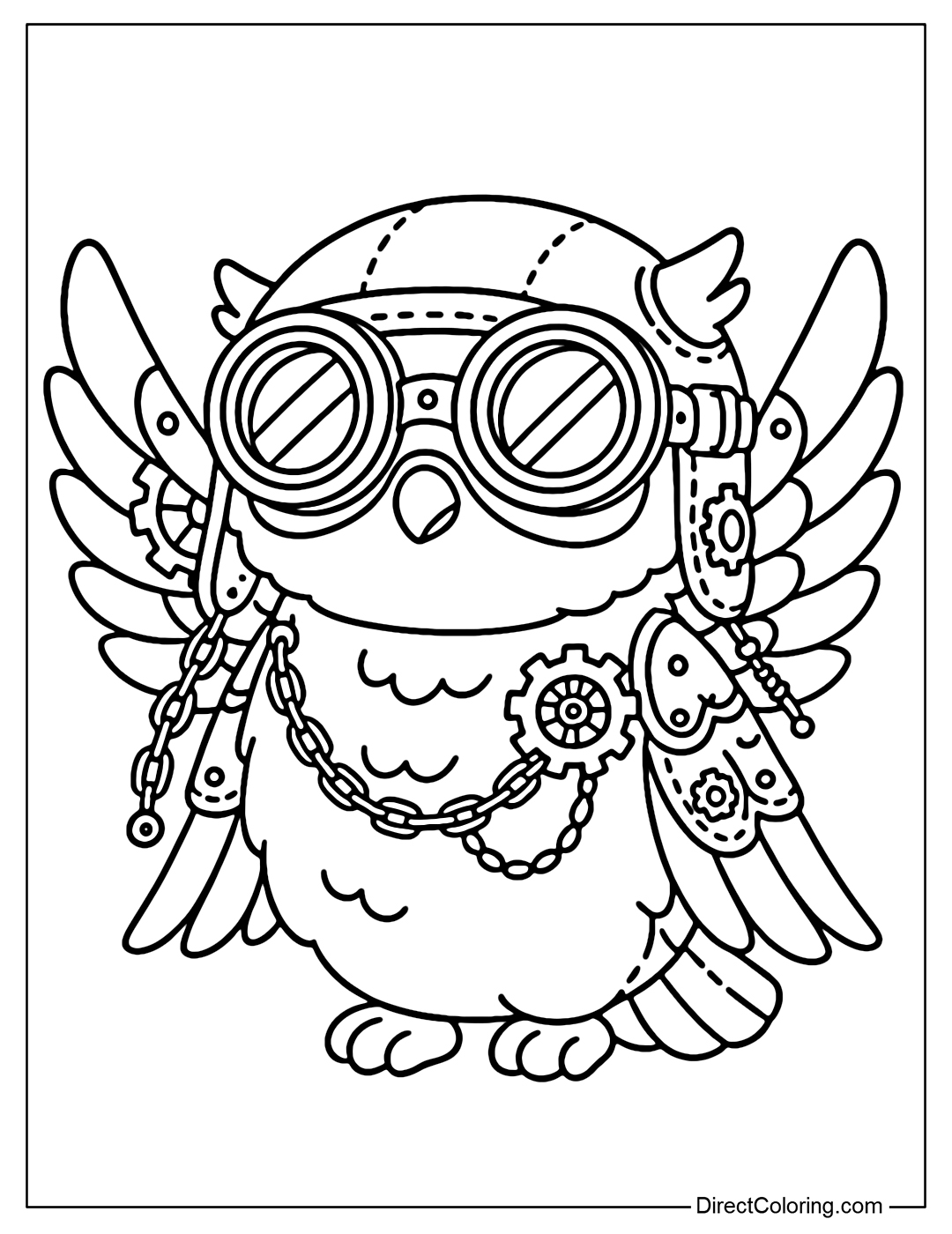 An owl coloring page with aviator glasses, gears and chains on its wings and body, detailed in steampunk style.