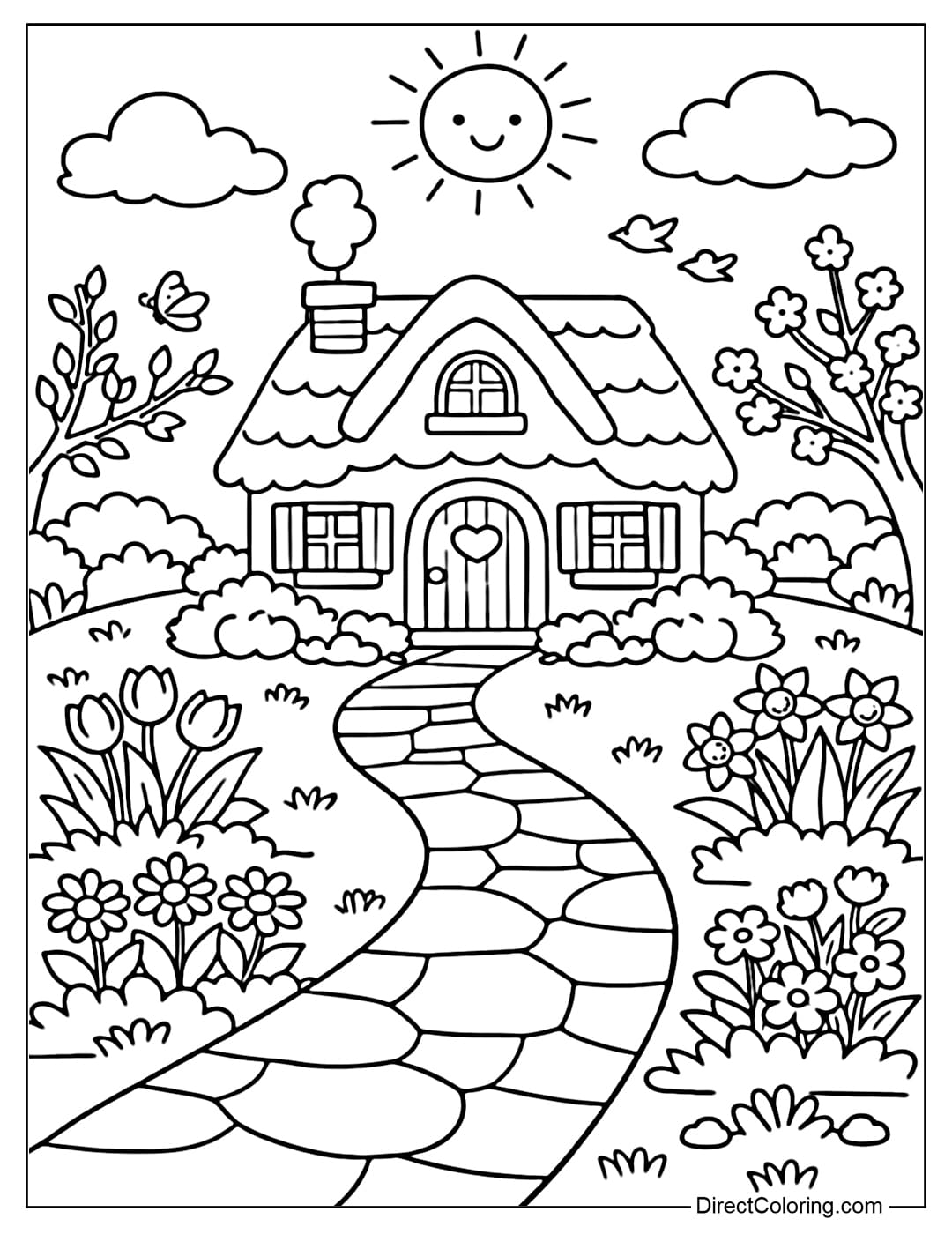 A coloring page for a small spring cottage with a winding path, flanked by flowers and young leaves.